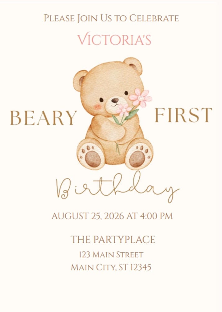 Pink Teddy Bear Beary First Birthday Invitation