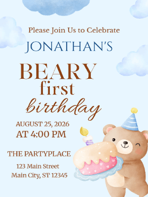 Cute Blue Teddy Bear Beary First Birthday Invitation