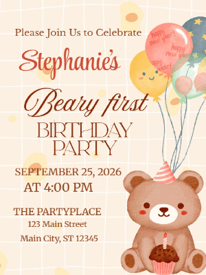 Cute Teddy Bear Beary First Birthday Invitation