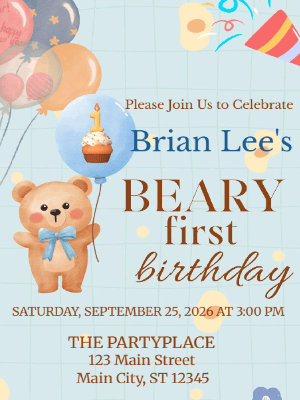 Cute Teddy Bear Beary First Birthday Invitation Kids Boy Birthday Invitation