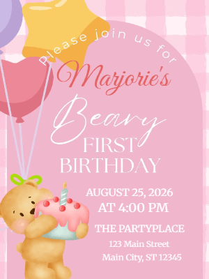 Cute Teddy Bear Beary First Birthday Invitation Pink Gingham Birthday Invitation