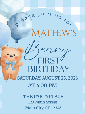 Cute Teddy Bear Beary First Birthday Invitation Blue Gingham Birthday Invitation