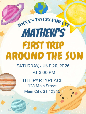 First trip around the Sun Space Kids 1st Birthday Invitation customizable template