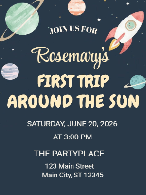 First trip around the Sun Space Planets Kids 1st Birthday Invitation