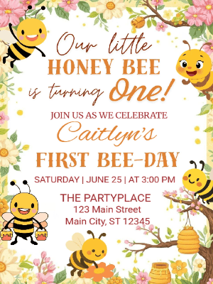 Honey 1st Bee-day First Birthday Invitation Kids Invitation Spring Floral Invitation