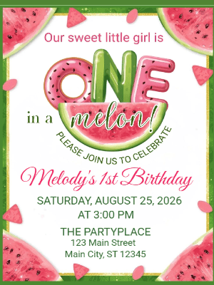 One in a Melon First Birthday Kids 1st Birthday Invitation
