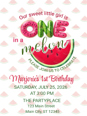 One in a Melon First Birthday Kids 1st Birthday Invitation customizable template