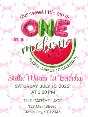 One in a Melon First Birthday Kids 1st Birthday Invitation Coquette First Birthday Invitation customizable template