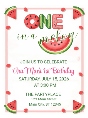 One in a Melon First Birthday Kids 1st Birthday Invitation