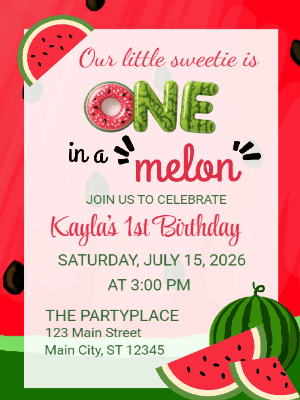 One in a Melon First Birthday Kids 1st Birthday Invitation customizable template