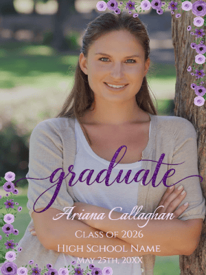Elegant Purple Floral Border Graduate Announcement with Photo