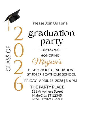 Elegant Minimalist Black Gold Cap Graduation Party Invitation customizable template