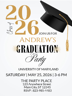 Elegant Minimalist Black Gold Cap Graduation Party Invitation customizable template