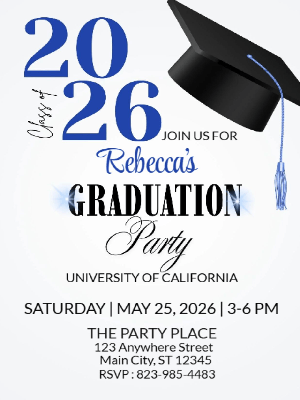 Elegant Minimalist Black Blue Cap Graduation Party Invitation customizable template