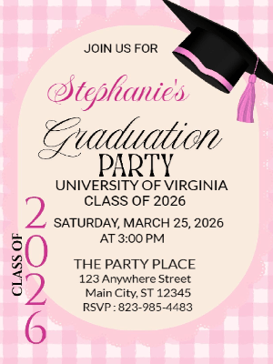 Elegant Minimalist Pink Gingham Graduation Party Invitation customizable template