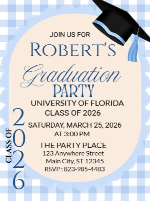 Elegant Minimalist Blue Gingham Graduation Party Invitation customizable template
