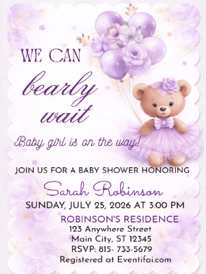 We Can Bearly Wait Baby Shower Invitation Purple Balloon Floral Baby Shower Invitation