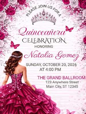 Elegant Quinceañera Pink Floral Gown Butterfly in Silver Invitation customizable template