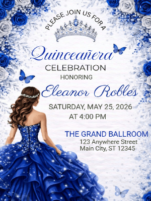 Elegant Quinceañera Royal Blue Floral Gown Butterfly in Silver Invitation