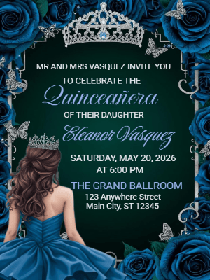 Quinceañera Elegant Floral Blue Sparkling Butterflies in Silver Invitation