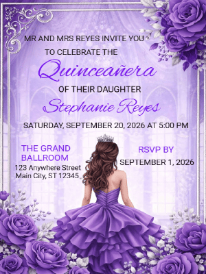 Quinceañera Enchanted Ballroom Elegance in Purple and Silver Floral Invitation customizable template