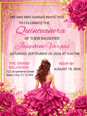 Quinceañera Enchanted Ballroom Elegance in Pink and Gold Floral Invitation customizable template