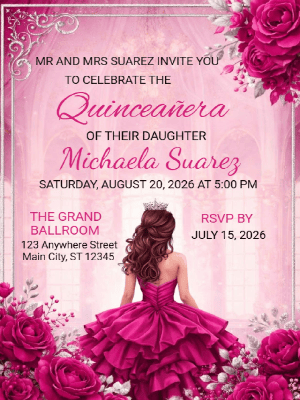 Quinceañera Enchanted Ballroom Elegance in Pink and Silver Floral Invitation customizable template
