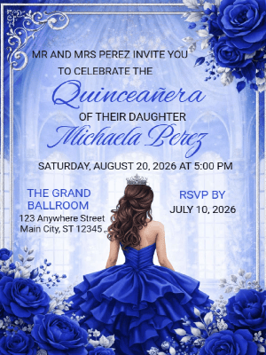 Quinceañera Enchanted Ballroom Elegance in Blue and Silver Floral Invitation