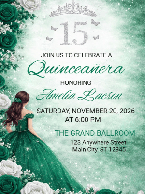Quinceañera Elegance in Floral Emerald Green and Silver Invitation