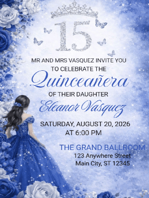 Quinceañera Floral Royal Bue Elegance in Silver Invitation