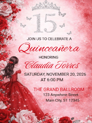 Quinceañera Elegance in Floral Red and Silver Invitation customizable template