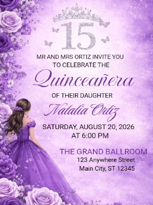Quinceañera Floral Purple Elegance in Silver Invitation customizable template