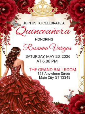 Quinceañera Elegance in Floral Red and Gold Invitation