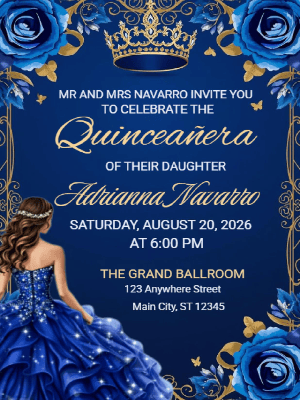 Quinceañera Floral Royal Blue and Gold Elegance Invitation