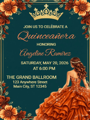 Quinceañera Elegance in Floral Burnt Orange and Teal Green Invitation