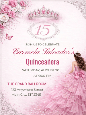 Quinceañera Elegance in Pink Shimmer Butterflies in Silver Invitation