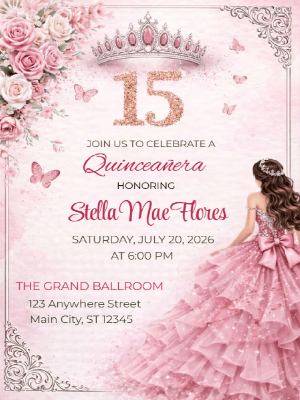 Quinceañera Elegance in Pink Shimmer Butterflies in Silver Invitation