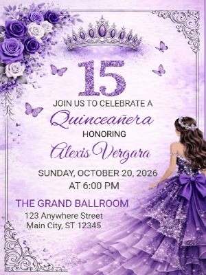 Quinceañera Elegance in Purple Shimmer Butterflies in Silver Invitation customizable template