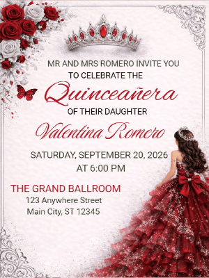 Quinceañera Red and Silver Elegance and Sparkling Butterflies Invitation