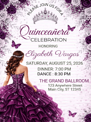 Elegant Quinceañera Plum Floral Gown Butterfly in Silver Invitation