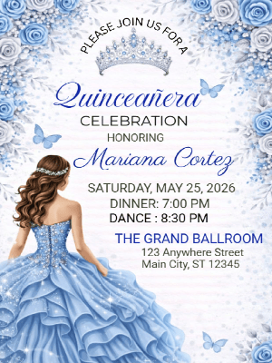Elegant Quinceañera Icy Blue Floral Gown Butterfly in Silver Invitation
