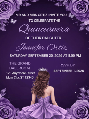 Quinceañera Purple Floral in Silver Elegance Invitation customizable template