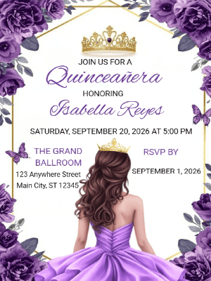 Quinceañera Purple Floral Butterflies in Gold Elegance Invitation customizable template