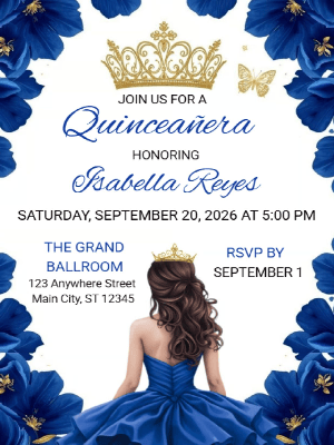 Quinceañera Blue Floral Gold Elegance Invitation