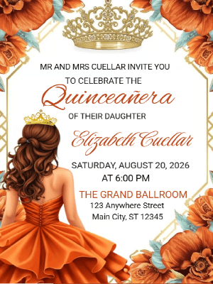 Quinceañera Elegant Burnt Orange Floral in Gold Invitation customizable template