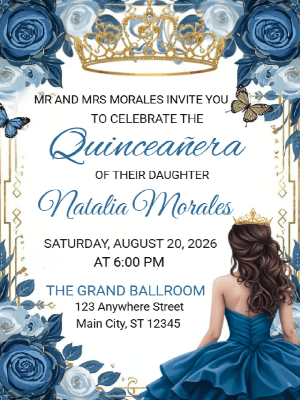 Quinceañera Blue Elegance Floral in Gold Invitation