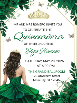 Quinceañera Elegant Emerald Green Floral in Gold Invitation customizable template