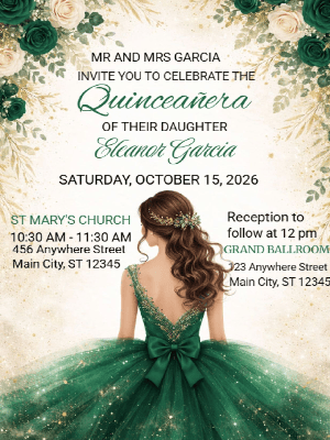 Quinceañera Elegance in Emerald Green and Gold Invitation customizable template