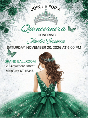 Quinceañera Elegance in Floral Emerald Green and Silver Invitation customizable template