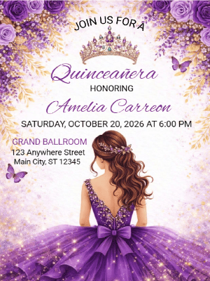Quinceañera Elegance in Purple and Gold Invitation customizable template